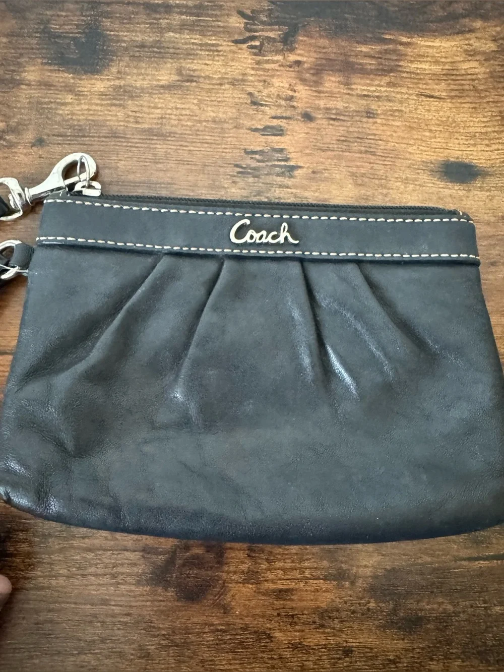 Coach Black Leather Wristlet Zip Pouch Clutch Silver Hardware Small Bag